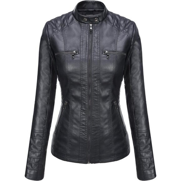 Womens Faux Leather Jacket Hooded Moto Biker Coat Outerwear Fall Fashion Outfits - Picture 3 of 7